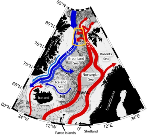 Figure 1.1: Schematic circulation of the Nordic Seas with inflow from the Atlantic Ocean in red and outflow from the Arctic Ocean in blue