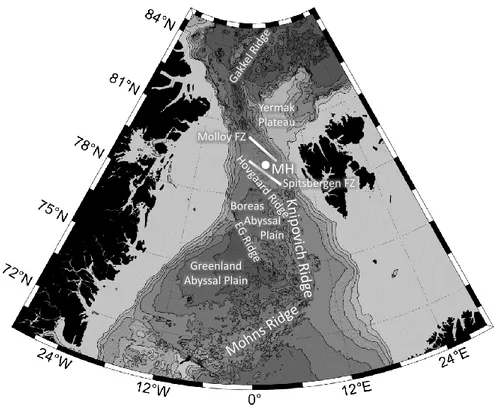 Figure 1.2: Map of Fram Strait with bathymetry from Schaffer et al. (2019) and bathymetrical feature names from the IHO-IOC GEBCO Gazetteer of Undersea Feature Names (https://www.