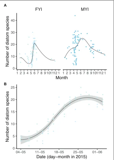 FIGURE 4 | Diatom diversity in first-year ice (FYI) and multiyear ice (MYI) (A) as well as N-ICE samples (B) related to day of the year