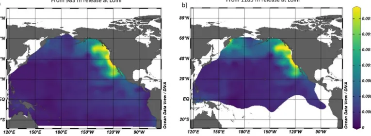 Fig. 10. Upwelling of the Loihi plume in the North Paciﬁc in a tracer-optimized numerical model