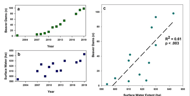 Figure 6. The role of beavers in affecting surface water variability near Kotzebue. (a) The number of beaver dams mapped in high resolution satellite imagery in the Kotzebue study area increased from 2 in 2002 to 98 in 2019