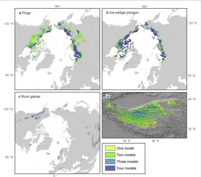 Figure 6. Inter-model variability in predicted potential environmental spaces for permafrost landform occurrence in 1950–2000.