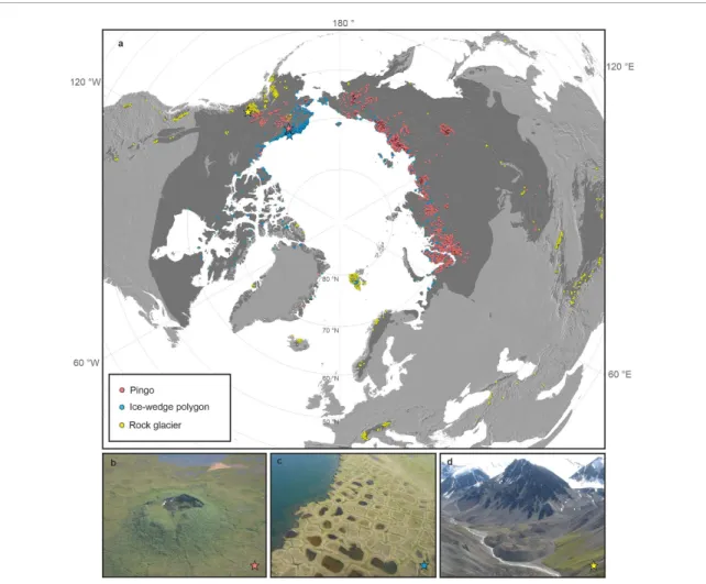 Figure 1. Compiled occurrences of pingos, ice-wedge polygons and rock glaciers across the Northern Hemisphere permafrost domain