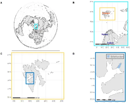 Figure 1  Study  area  Billefjorden  (Svalbard  archipelago).  A:  position  of  the  Svalbard  archipelago on a world map