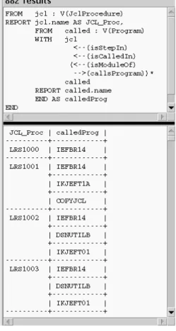 Figure 5 shows a query screenshot presenting the same question as a nested GReQL query together with the query result in a tabular form