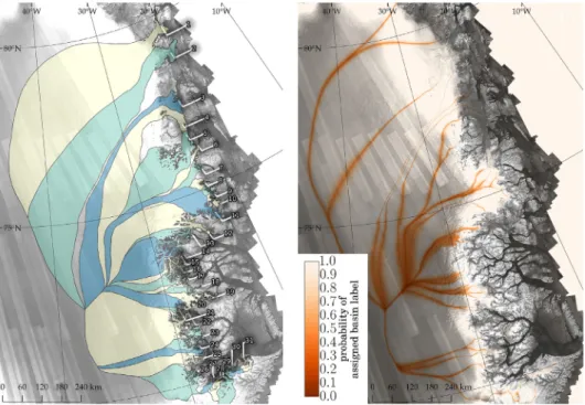 Fig. 4. (a) Northeast Greenland Ice Sheet region divided into drainage basins of the 31 outlet glaciers in Table 1