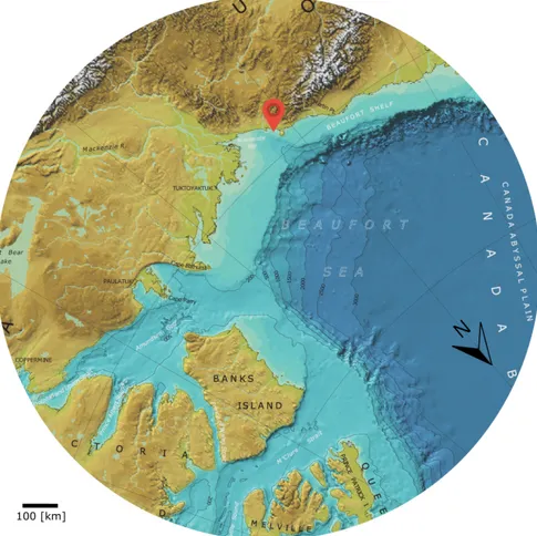 Figure 2.2: Seafloor map of the Beaufort - Red map marker shows study area. (Modified after ”THE INTERNATIONAL BATHYMETRIC CHART OF THE ARCTIC OCEAN” (IBCAO))