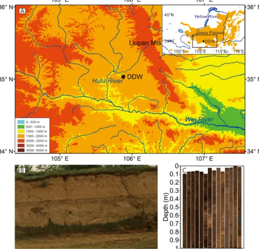 Figure 1. Map showing (a) the CLP and location of the DDW, (b) photographs of DDW terrace outcrop, and (c) cores.
