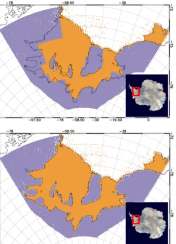 Figure 2. Surface-type mask shown for the Filchner–Ronne ice shelf area (ice shelf in orange, ice sheet in blue)