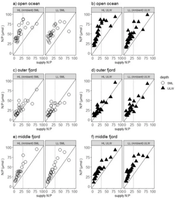 Fig. 4    The cellular N:P ratio (µmol) in all incubation samples with  respect to supplied N:P ratio (µmol)