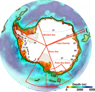 Figure 1. Horizontal grid (triangles) and model bathymetry (color) south of 55ºS in the global model