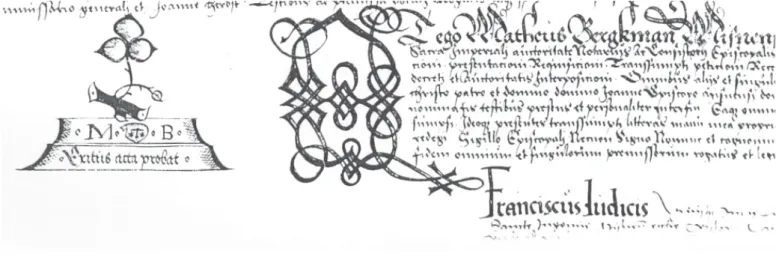 Abbildung 1: Beispiele von Notarsignets Oben: Signet des „Matheus Bergkmann“, Notar der Diözese Meissen, Unterzeile des Signets „exitus acta probat“, von einem Notariatsinstrument vom 2