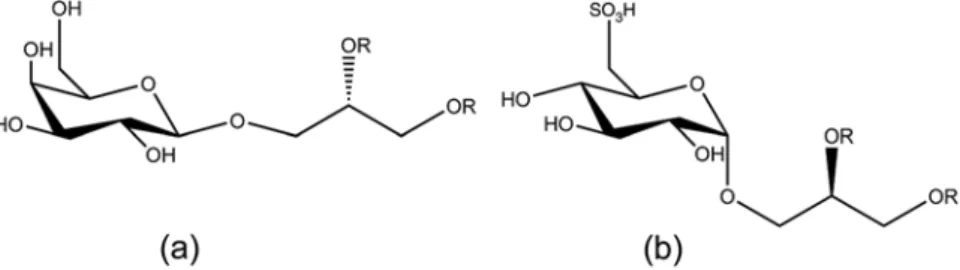 Fig. 8.10 Chemical structures of (a) (2S)-1-O-(7Z,10Z,13Z- (2S)-1-O-(7Z,10Z,13Z-hexadecatrienoyl)-3-O- β -D-galactopyranosyl-sn-glycerol and (b) (2R)-1 