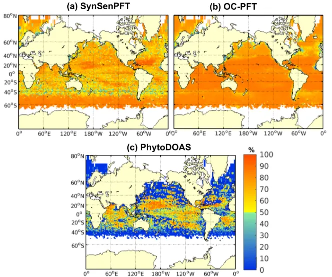 Figure 4. Same as Figure 3 but for satellite data averaged over April 2009 for (a) SynSenPFT, (b) OC ‐ PFT, (c) PhytoDOAS data.