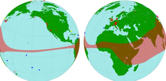 Figure 1 Global representation of the datasets included in the Northern Hemisphere IntCal20 calibration curve: tree rings (red triangles), marine (blue stars), speleothem (yellow circles), Lake Suigetsu (magenta circle)