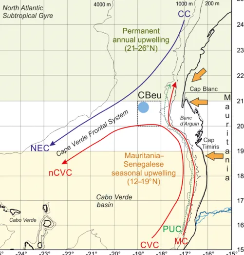 Figure 1. Map of the study area showing the location of trap site CBeu (full light blue dot), surface currents and main wind system.