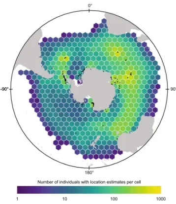 Fig. 2  Spatial distribution of the number of individuals tracked per 25,000 km 2  hexagonal grid cell throughout  the domain of the dataset