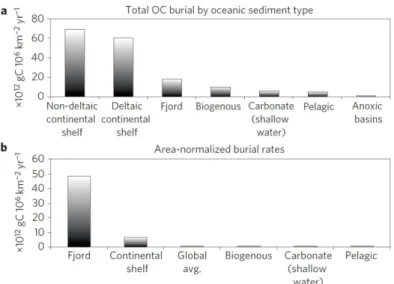 Figure 2: Carbon burial of different oceanic sediment types in total (a)  and area-normalized (b)
