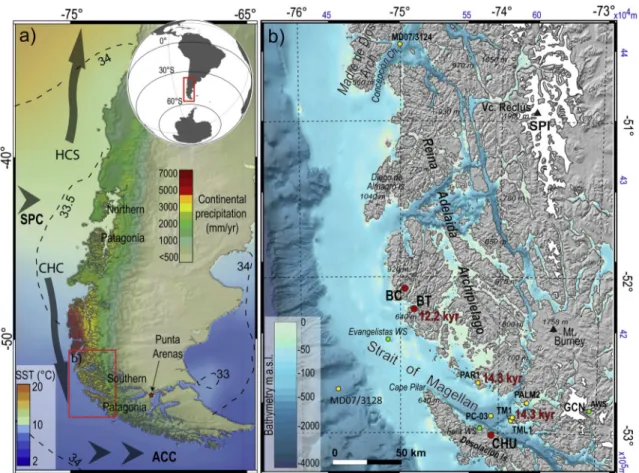 Fig. 2b illustrates the multi-basin estuary of the Churruca fjord where  one of the investigated sites is located (CHU)