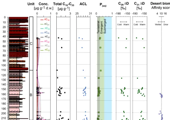 Figure 9. GN200 core with concentrations of n-alkanes (d.w. = dry weight) and average chain length (ACL); coloured areas highlight the interpretation of lipid origin (based on Ficken et al., 2000) and δD values with palaeoclimate interpretations versus dep