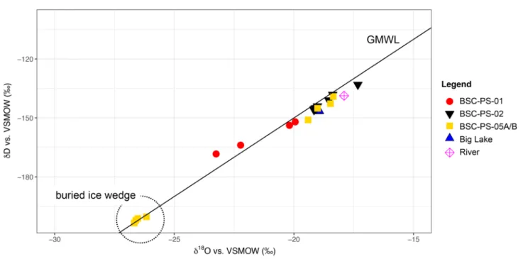 Fig. 8    δ 18 O-δD biplot showing results from BSC water and ground ice samples. GMWL—global meteoric water line