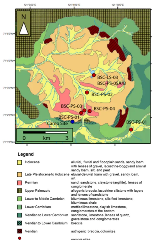 Fig. 2    Geological map of the  Beenchime-Salaatinsky Crater  with field sites (modified from  [39])
