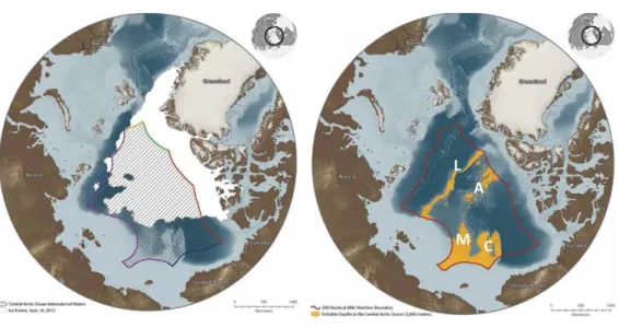 Figure 1.3. Maps of the Arctic region showing the High Seas (red line) with the minimum ice cover  in summer 2012 (white area in the left map) and the shallower parts of the High Seas (yellow area  in the right map) that may be more “fishable” than the dee
