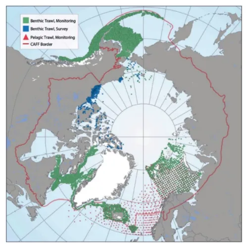 Figure 1.4. Map of contemporary marine fish data sources. Green squares indicate data from  benthic trawl monitoring efforts, blue squares indicate data from benthic trawl surveys, while red  triangles indicate data from pelagic trawl monitoring efforts