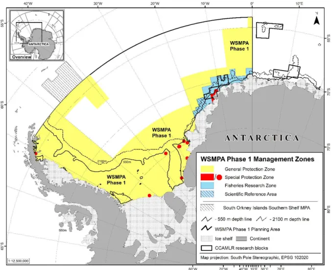 Figure 2. The WSMPA Phase 1, including the boundaries of the General Protection Zone yellow), the Special  Protection Zone (red) and the Fisheries Research Zone (blue) with its scientific reference area (blue-hatched)