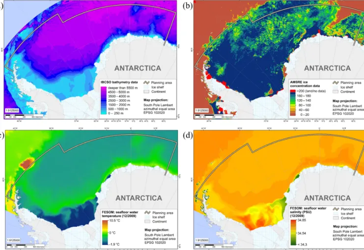 Figure 3. Raster data sets of environmental parameters, which have been used as basic data in a regionalisation analysis of environmental provinces in the context of the WSMPA planning: IBCSO bathymetry (a), AMSR-E sea ice maps (exemplarily for 15 December