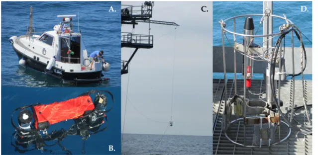 Figure 3. In-water sensors (A) C-OPS being deployed from RV Litus, (B) positioning of C-OPS in- in-water, (C) in-water TriOS deployment from an extendable boom on the AAOT, (D) TriOS in-water  irradiance sensor in metal deployment frame.