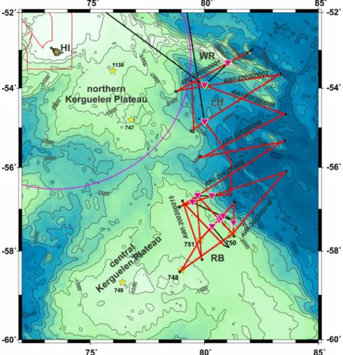 Fig. 5.3     Bathymetric map of the Kerguelen Plateau showing the locations of the collected seismic profiles  (red lines) and of the geological stations (purple inverted triangles)