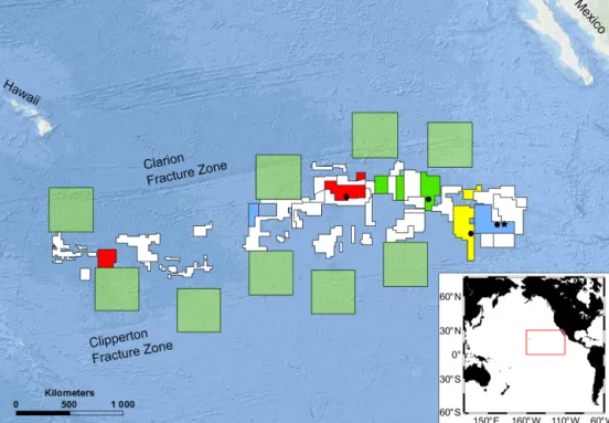 Figure 1. Sampling sites (black circles; black star) in various European contract areas for the exploration of manganese nodules within the Clarion–Clipperton Zone (CCZ)