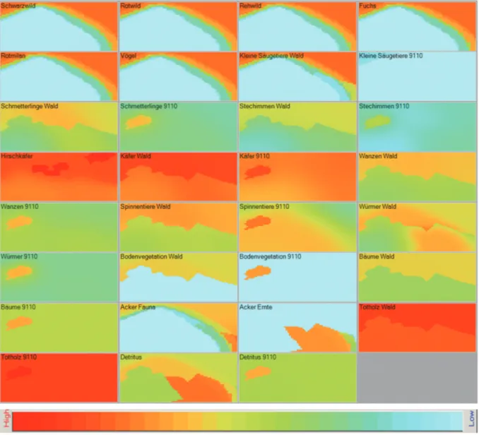 Abbildung 6: Räumliche Darstellung der Ecospace-Simulation des Habitatverlustes und der  Auswirkungen der Wirkfaktoren Lärm und Licht (Abb