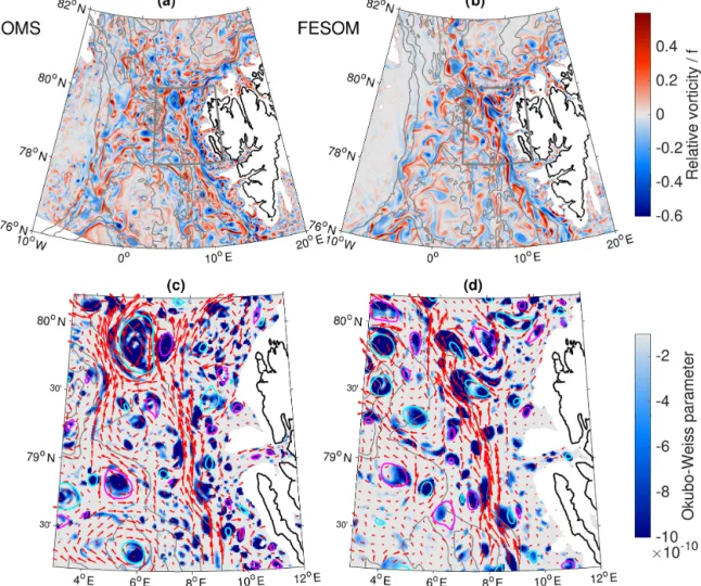 Figure 2. Simulated relative vorticity at a depth of 100 m of on 1 January 2006 for ROMS (a) and FESOM (b)