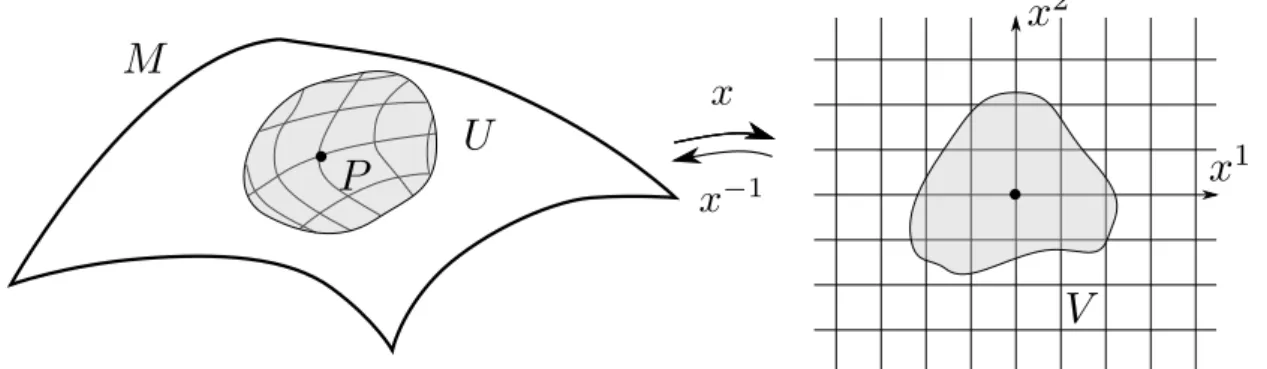 Figure 2.2: A manifold M is a space where the neighbourhood U of every point P loosk like a piece V of R n 