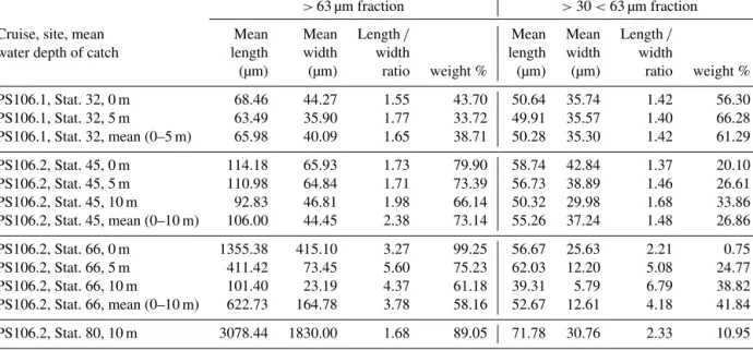 Table 2. Size measurements and percentage of mass contribution of gypsum crystals from the &gt; 63 µm size fraction and the &gt; 30 &lt; 63 µm size fraction.