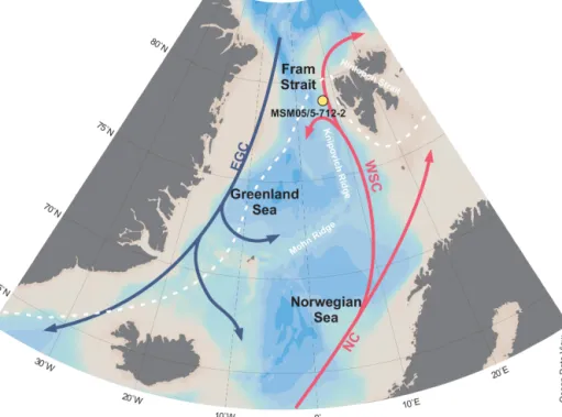 Figure 1. Map showing the coring site of MSM05/5-712-2 with bathymetric data derived from Ocean Data View (Schlitzer, 2018) and median March sea-ice extent from 1981 to 2010 (white, dashed line; https://nsidc.org/data/seaice_index/archives, last access: 6 