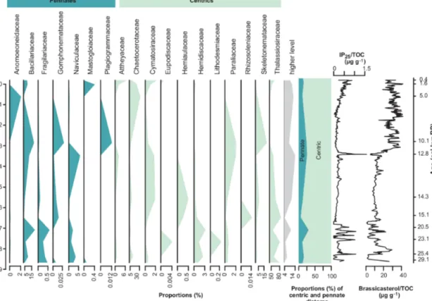 Figure 6. Proportions of sequences assigned to diatoms grouped on family level and down-core proportions of centric (blue) and pennate diatoms (green) as well as concentrations of the sea-ice biomarker IP 25 (Müller et al., 2012; Müller and Stein, 2014) an