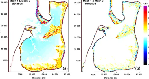 Figure 8. Spatial distribution of the elevation differences for a full tidal period for MESH-1 and MESH-2 (a) and for MESH-1 and MESH- MESH-3 (b).