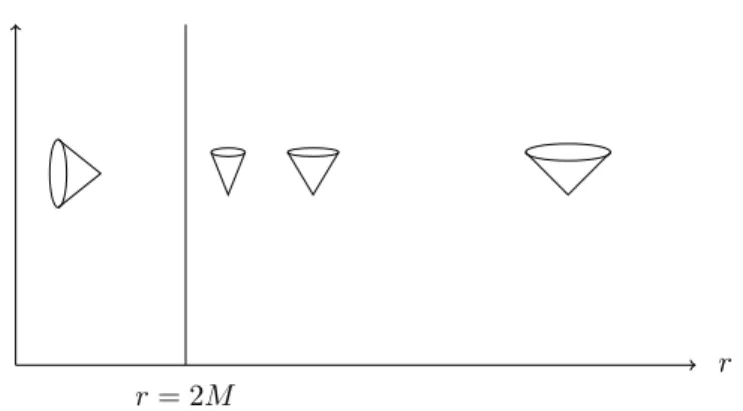 Figure 1: Local light cones in Schwarzschild coordinates