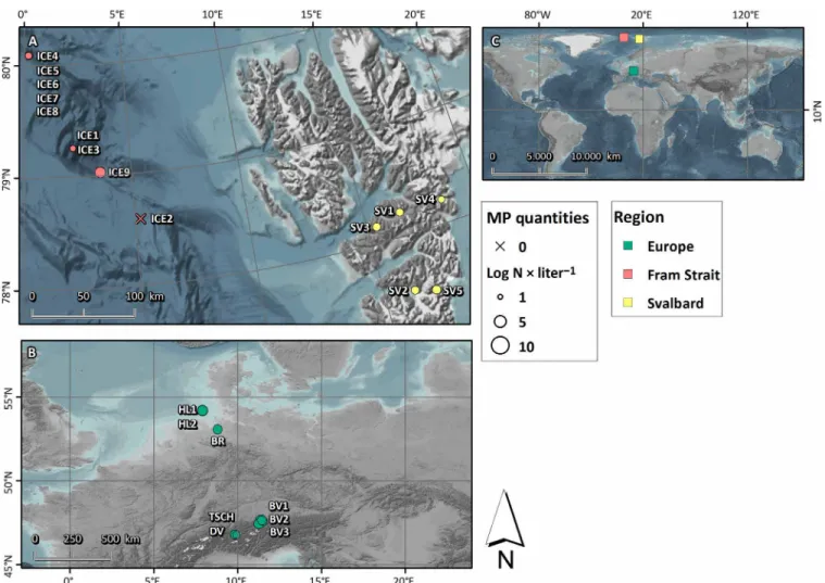 Fig. 1. Map of sampling locations for snow. (A) Sampling sites in the Arctic (ICE, ice floes; SV, Svalbard) and (B) in Europe (HL, Heligoland; BR, Bremen; BV, Bavaria; TSCH,  Tschuggen; DV, Davos)