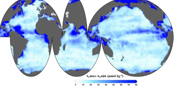 Figure 10. Seasonal amplitude of sea surface A T . This figure was made with Ocean Data View (Schlitzer, 2016).