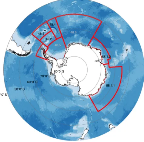 Fig. 4 Map of Antarctica and ﬁ shing areas for E. superba. Commission for the Conservation of Antarctic Marine Living Resources (CCAMLR) Area 48 is subdivided into six smaller areas (48.1 – 48.6) covering the Atlantic sector of the Southern Ocean