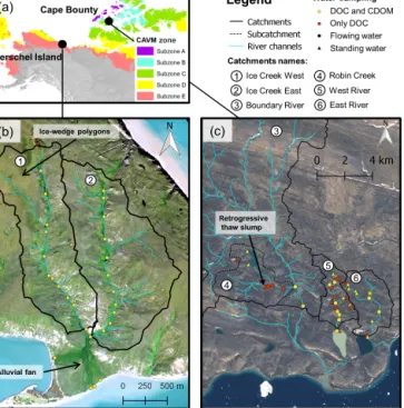 Figure 1. Maps of the study area showing (a) the location of Her- Her-schel Island and Cape Bounty in the Canadian Arctic including the Circumpolar Arctic Vegetation Map (CAVM) bioclimatic zones (CAVM, 2003), (b) the studied catchments Ice Creek West and I