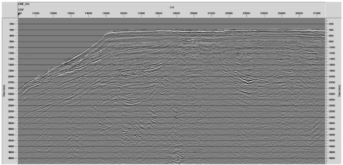 Fig. 3.9: Line BGR18-114 (location of profile in Fig. 3.10). This line was acquired with 3,000 m active  streamer cable and 8 G-Guns