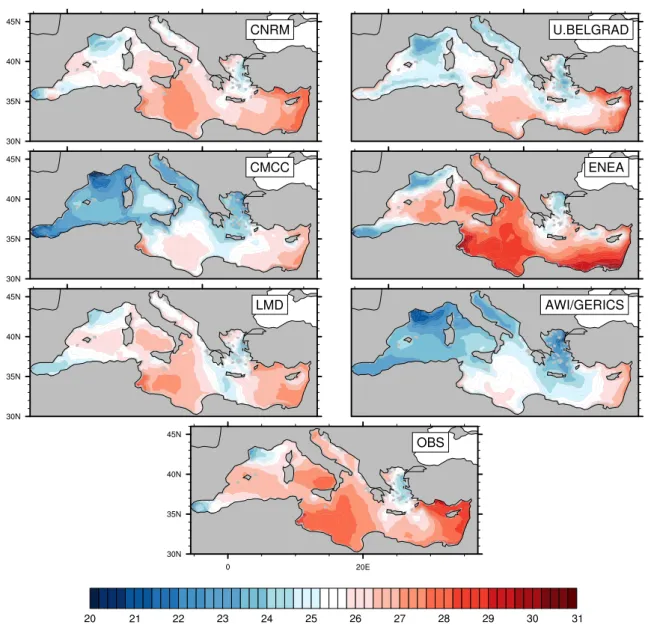 Fig. 3    Individual MHW threshold maps of mean  SST 99Q  (°C) computed from the HIST run of every model (1976–2005) and satellite data dur- dur-ing 1982–2012