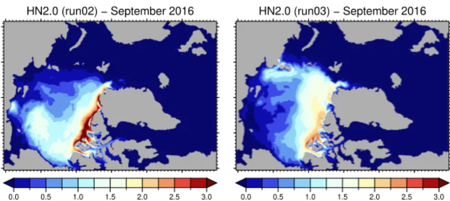 Figure 6. Mean sea-ice thickness (in meters) in September 2016 from two ensemble members, labeled as run02 (left) and run03 (right), of the ERAI-driven ensemble simulations with HN2.0, as an example for the coupled model’s ability to generate different sea