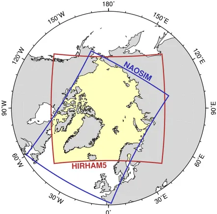 Figure 1. Geographical location of the regional model domains of the atmosphere component HIRHAM5 and of the ocean–ice component NAOSIM