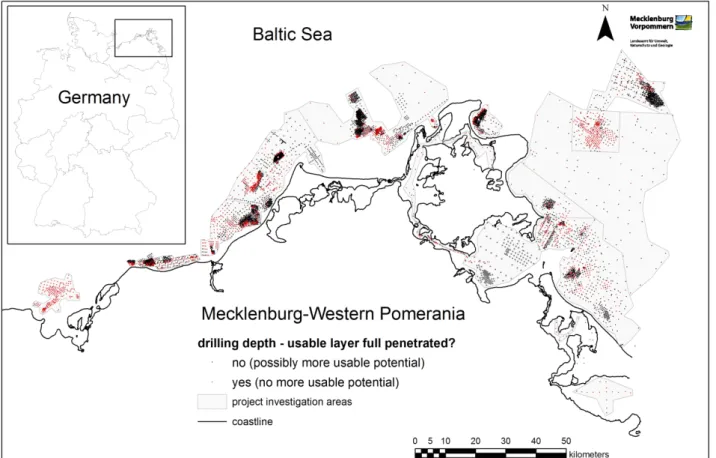 Fig. 1: Locations of exploration drill cores within Pleistocene marine sand and gravel deposits of  the SW Baltic Sea (recovered during the period 1980 until 2017)